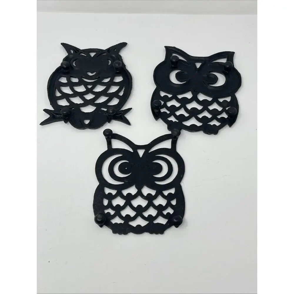 Vintage Cast Iron Trivet Black Owls Set Of 3 Hot Plates Rustic MCM Decor